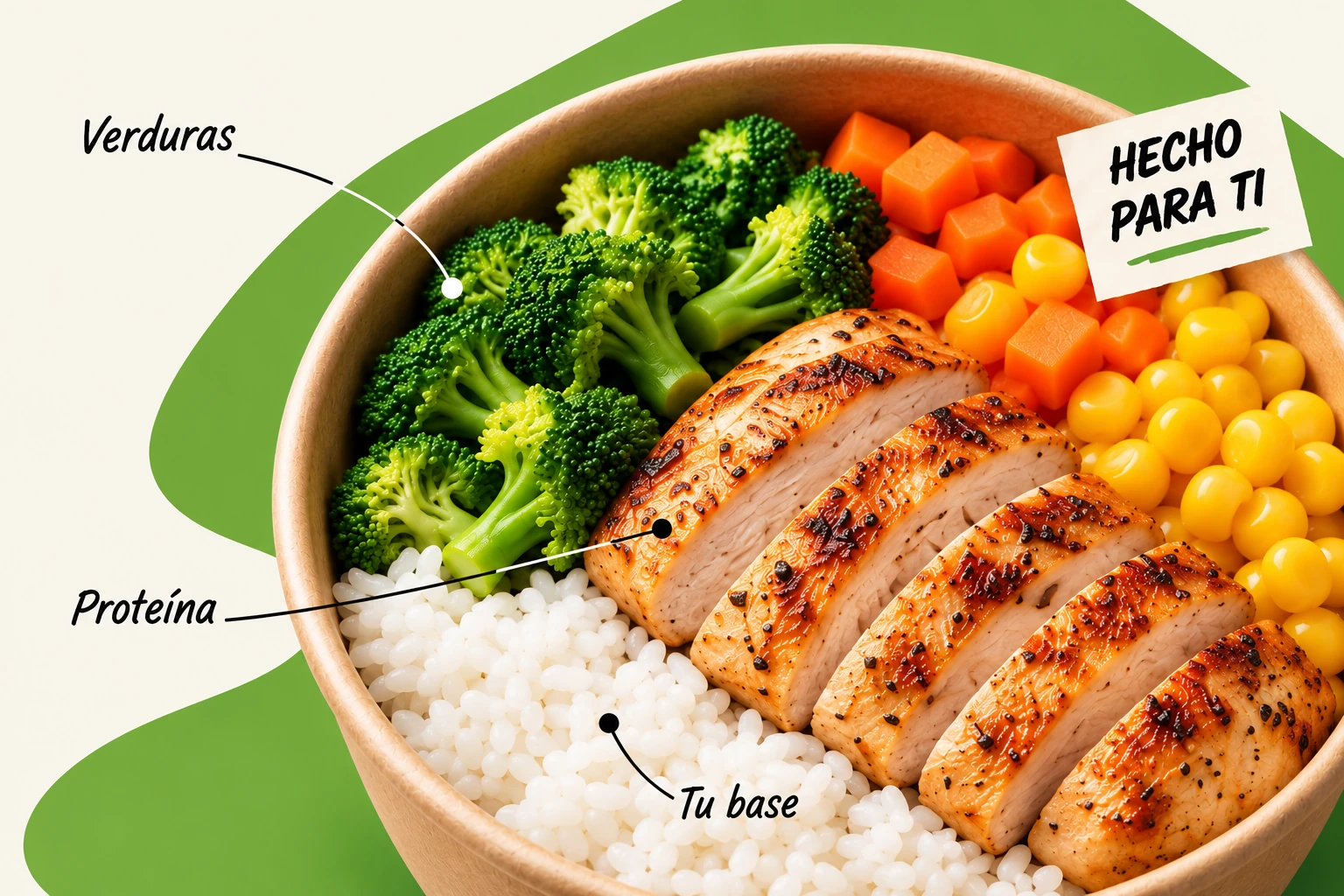Bowl de pollo, arroz y verduras, con las anotaciones de sus ingredientes y la etiqueta Hecho para ti